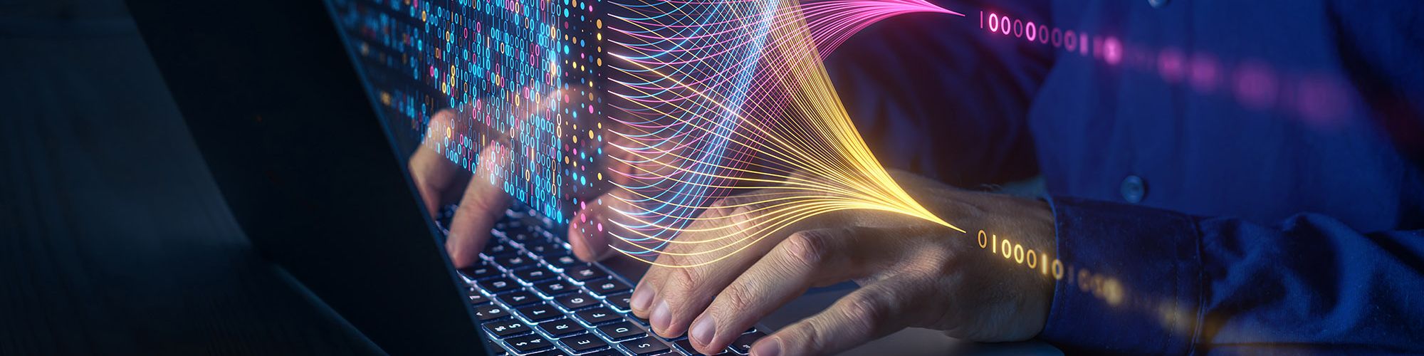 A image graphic of a person performing data analytics on a laptop computer.