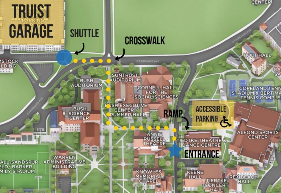 A map illustrating the path from the Truist Parking Garage to the Tiedtke Theatre and Dance Centre