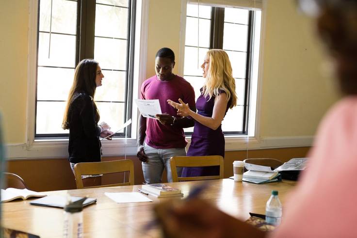 Rollins professor Jana Matthews talks with students in a classroom.