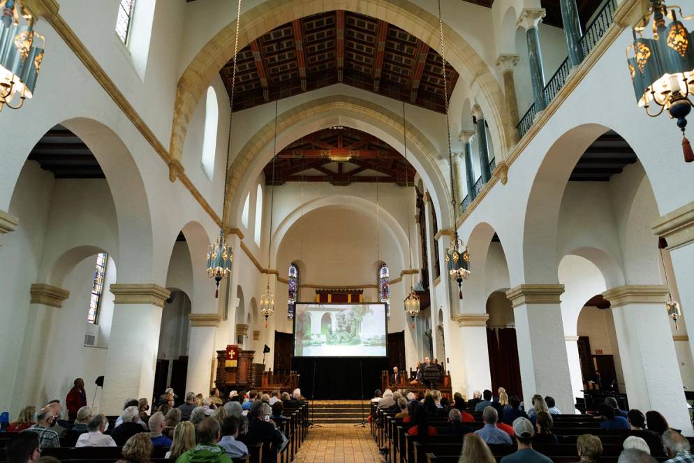 Guests gathered inside Knowles Chapel for the Mister Rogers sculpture unveiling.