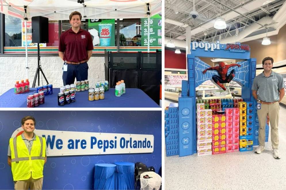 Pepsi intern Evan Larson ’27 ’28MBA showcases beverages, branded display, and Orlando event booth.