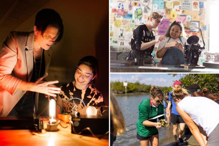 Students learning through hands-on experiments in science lab, art studio, and outdoors.