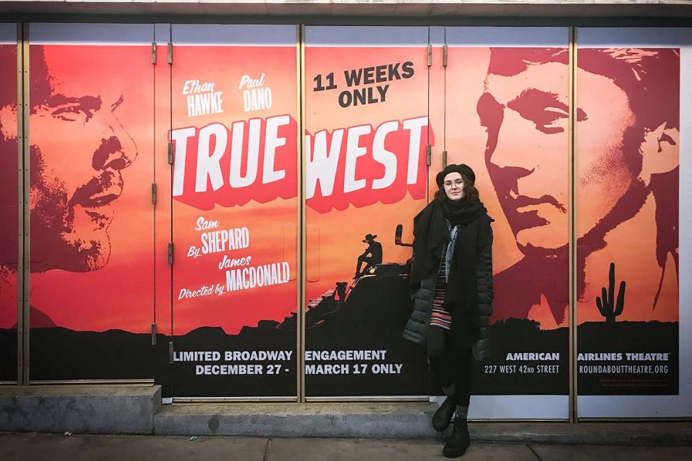 Kathleen Capdesuner ’17 in front of the Roundabout Theatre Company in New York City, where she held a fellowship.