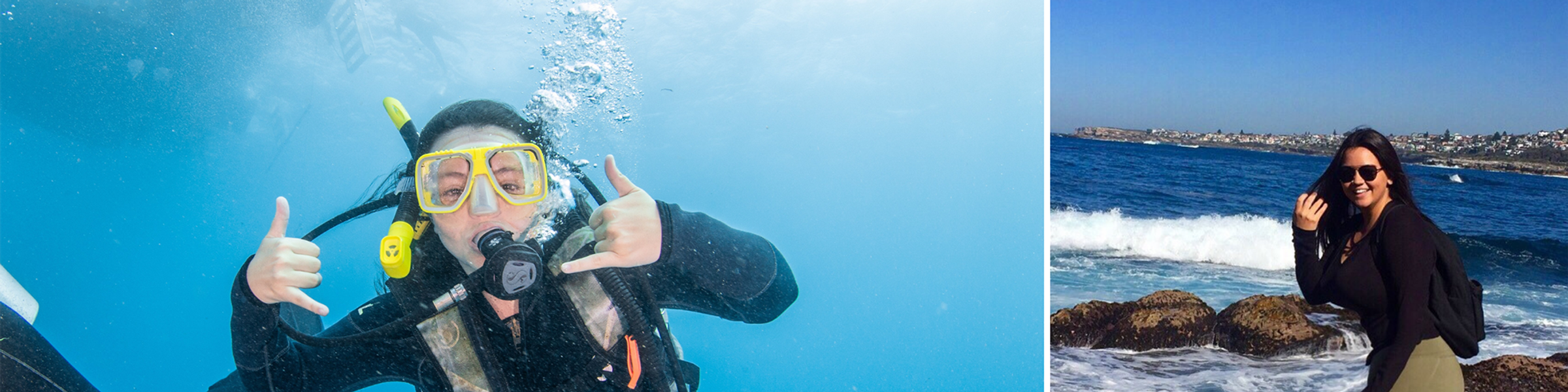 A student scuba dives and poses next to water in Australia.