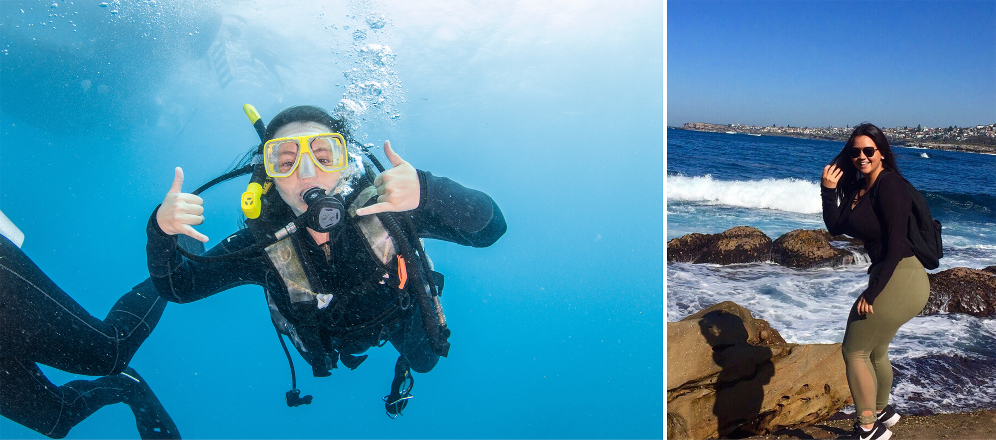 A student scuba dives and poses next to water in Australia.