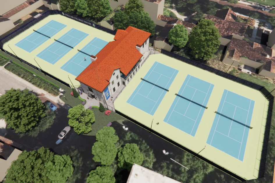 Capital projects rendering of a building and six tennis courts