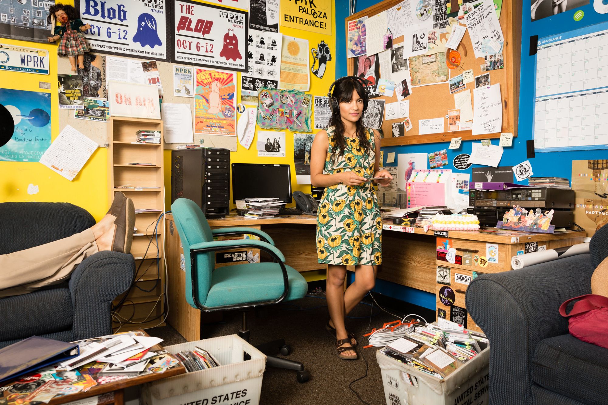 Maria Paz Gutierrez ’15 in WPRK's former location in Mills Memorial Hall.