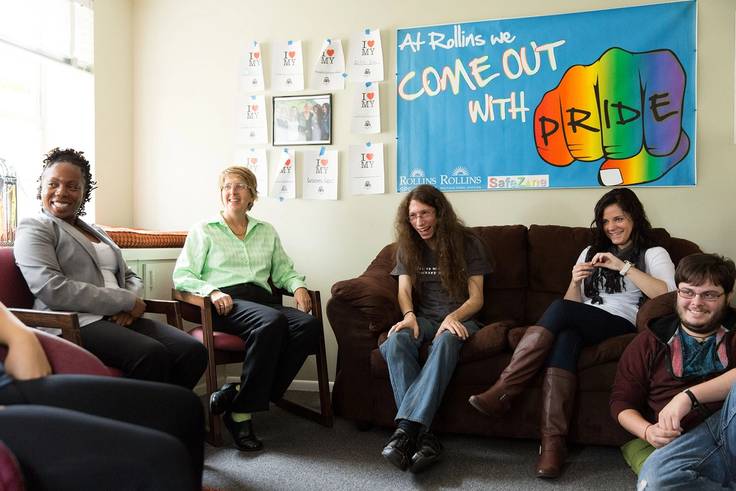 Students engage in discussion about LGBTQ rights at Rollins’ Lucy Cross Center.