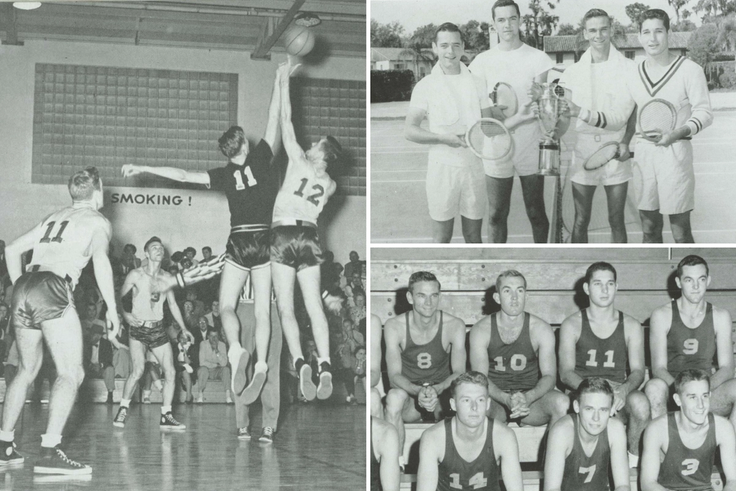 Pictures of Frank Barker ’52 ’06H’s time at Rollins on the basketball and tennis teams.