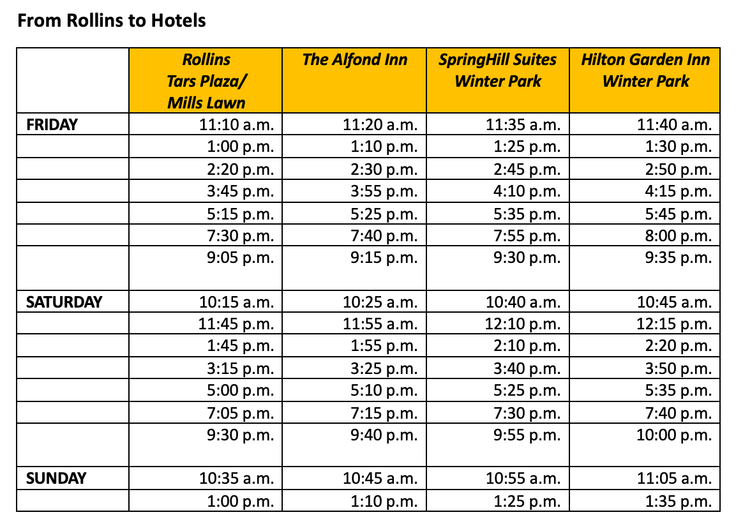 Shuttle schedule grid for pickup times.