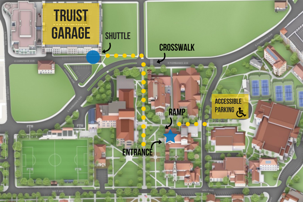 A map demonstrating where to park and walk to access the Annie Russell Theatre