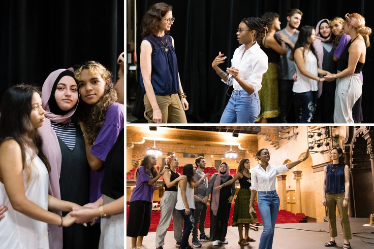Students rehearse Moonwake, an interactive, choose-your-own-adventure performance that follows the effects of racism as they spread through a contagious pathogen.