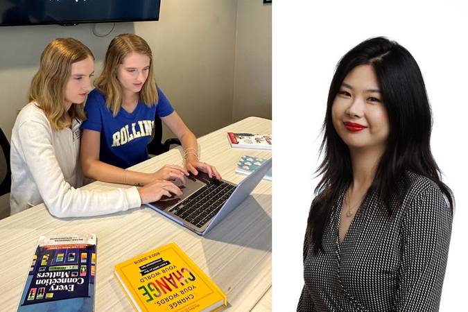 Sisters Kate Salerno ’27 and Emma Salerno ’27 and communication professor Ruonan Zhang