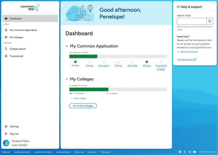 A screen shot of the welcome screen in the Common App.