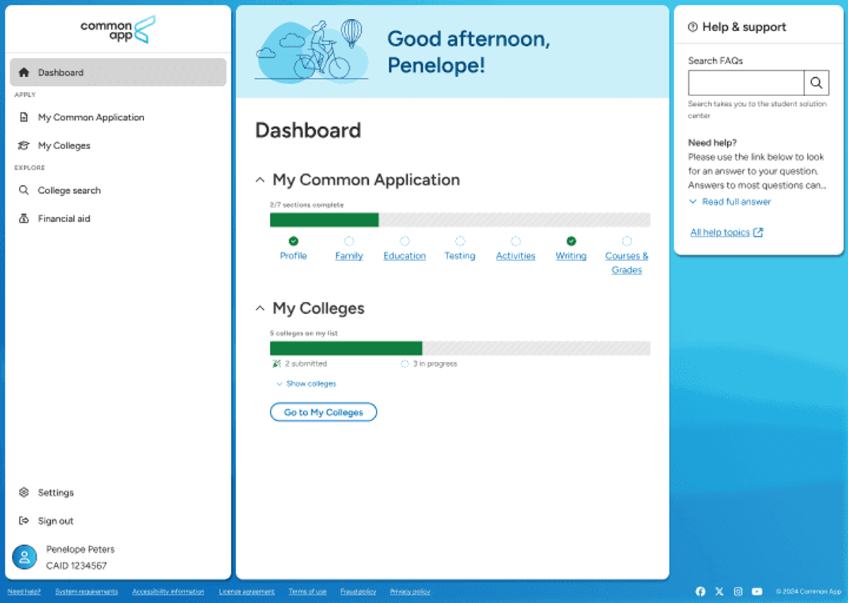 A screen shot of the welcome screen in the Common App.