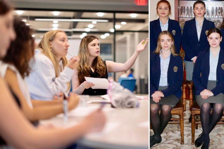 Students collaborating in classroom and posing formally in Debate Team uniforms.