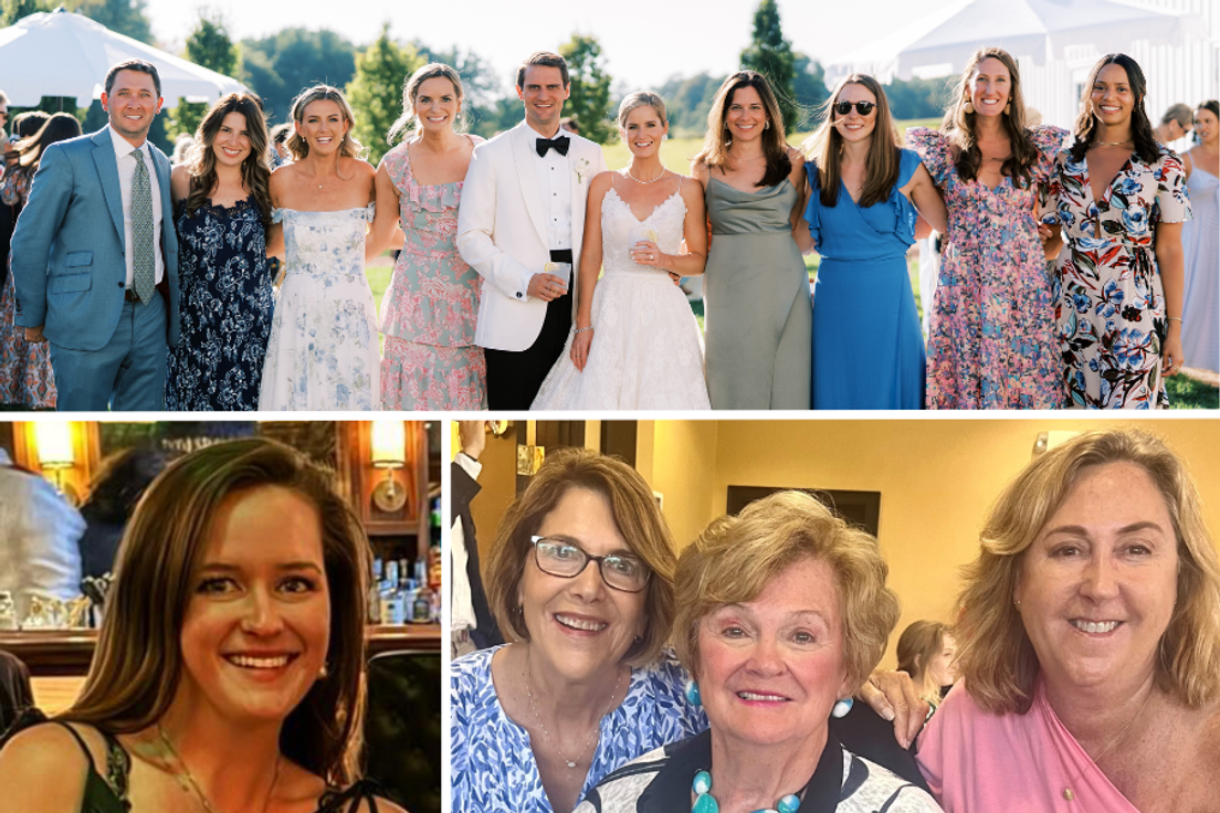 Bride Martha Watts McWilliams ’12 with alumni Teri Edwards ’12, Sarah Lugo ’12, Lucy Samperton Morello ’11, Matt Morello ’09, Hillary Wise Peters ’11, Jessica Thompson ’11, Molly Rooney Woodward ’12, and Kasey Sandifer Zion ’12; Susan Olson ’66 and Patty Witt ’78; Lizzie Taylor ’19.