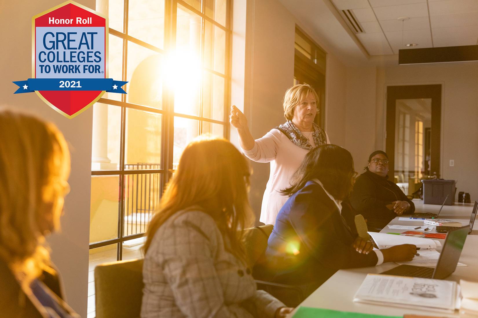 A Rollins classroom with light filling the room at sunset