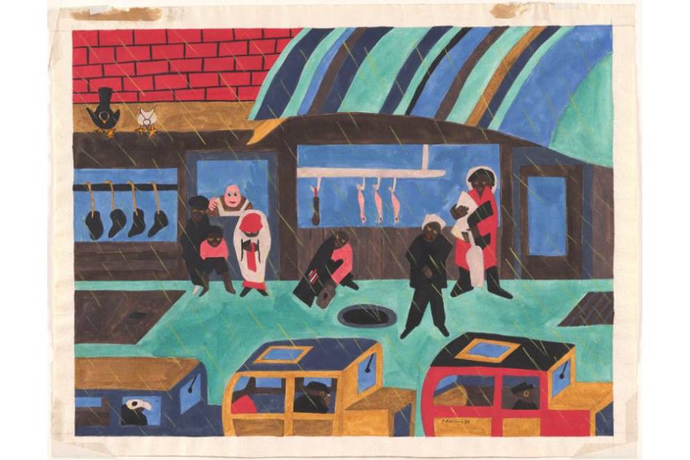 Colorful street scene with pedestrians, storefronts, and cars in rain.