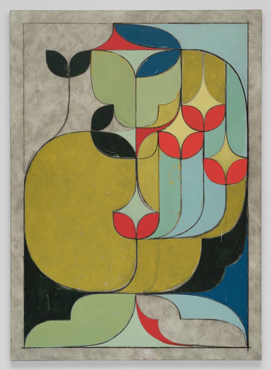 Abstract geometric painting with overlapping leaflike shapes in muted colors