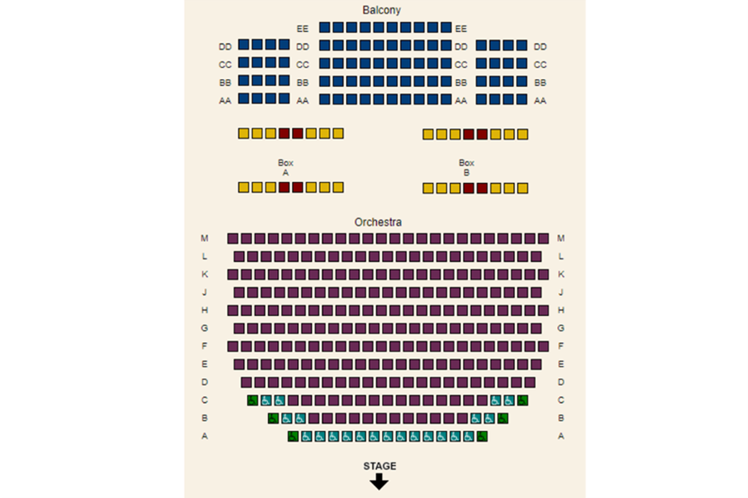 A seating chart for the Annie Russell Theatre, including floor seats, box seats, balcony, and accessible seating