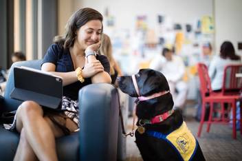Marissa Cobuzio on a study break with Ari, the service dog she’s raising on campus.