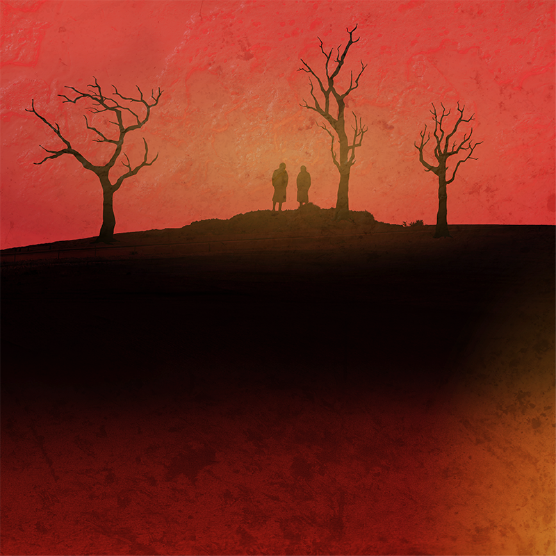 Silhouetted figures on hill with barren trees