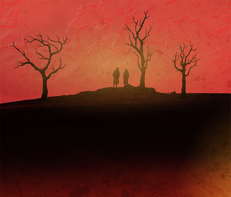 Silhouetted figures on hill with barren trees