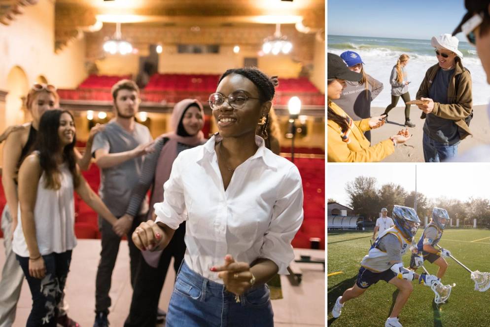 Collage of Rollins students completing a field study at the beach, a theatre research project at the Annie Russell Theatre, and lacrosse student-athletes on the field