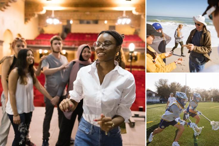 Collage of Rollins students completing a field study at the beach, a theatre research project at the Annie Russell Theatre, and lacrosse student-athletes on the field