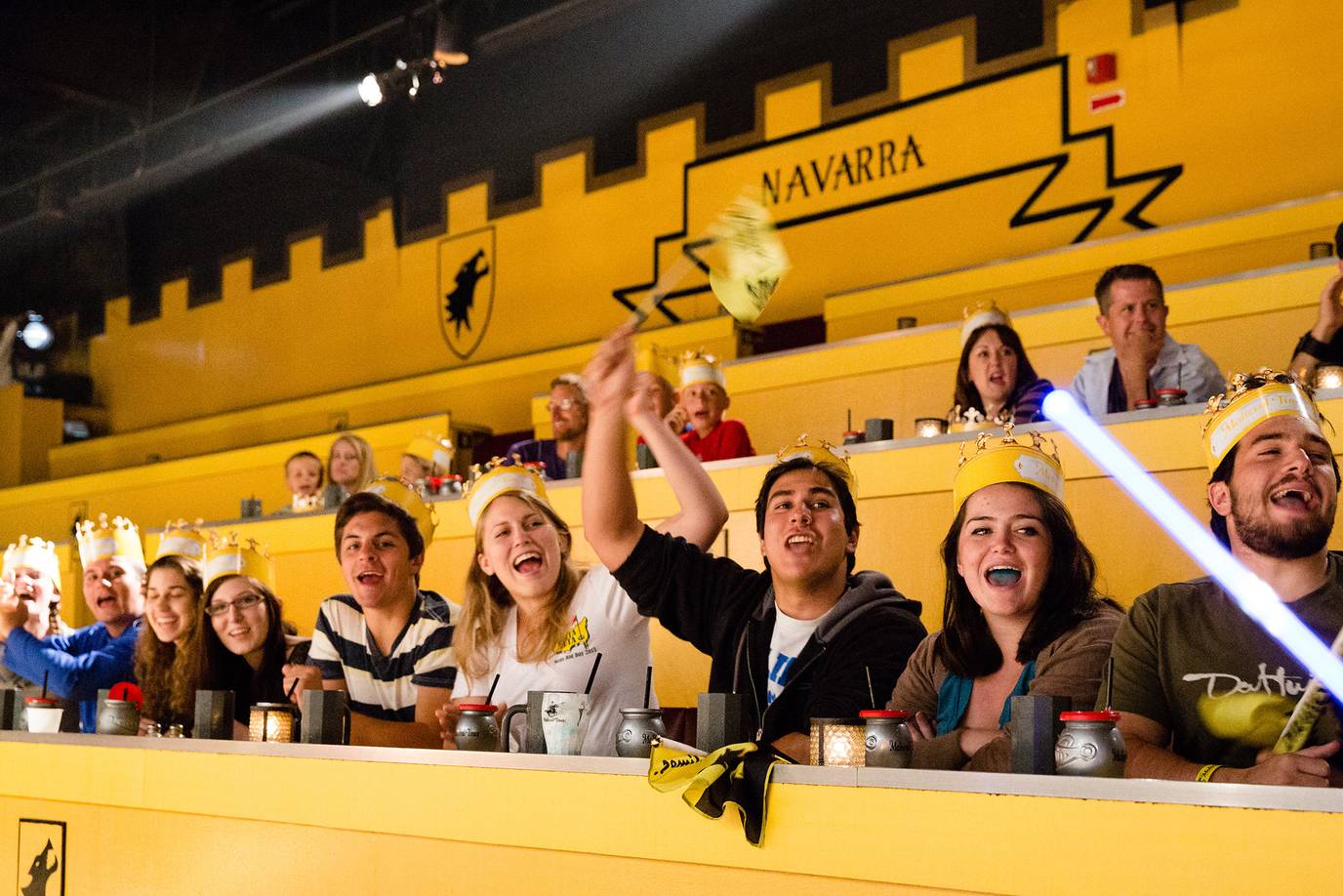 Students sitting in the bleachers at Medieval Times cheering.