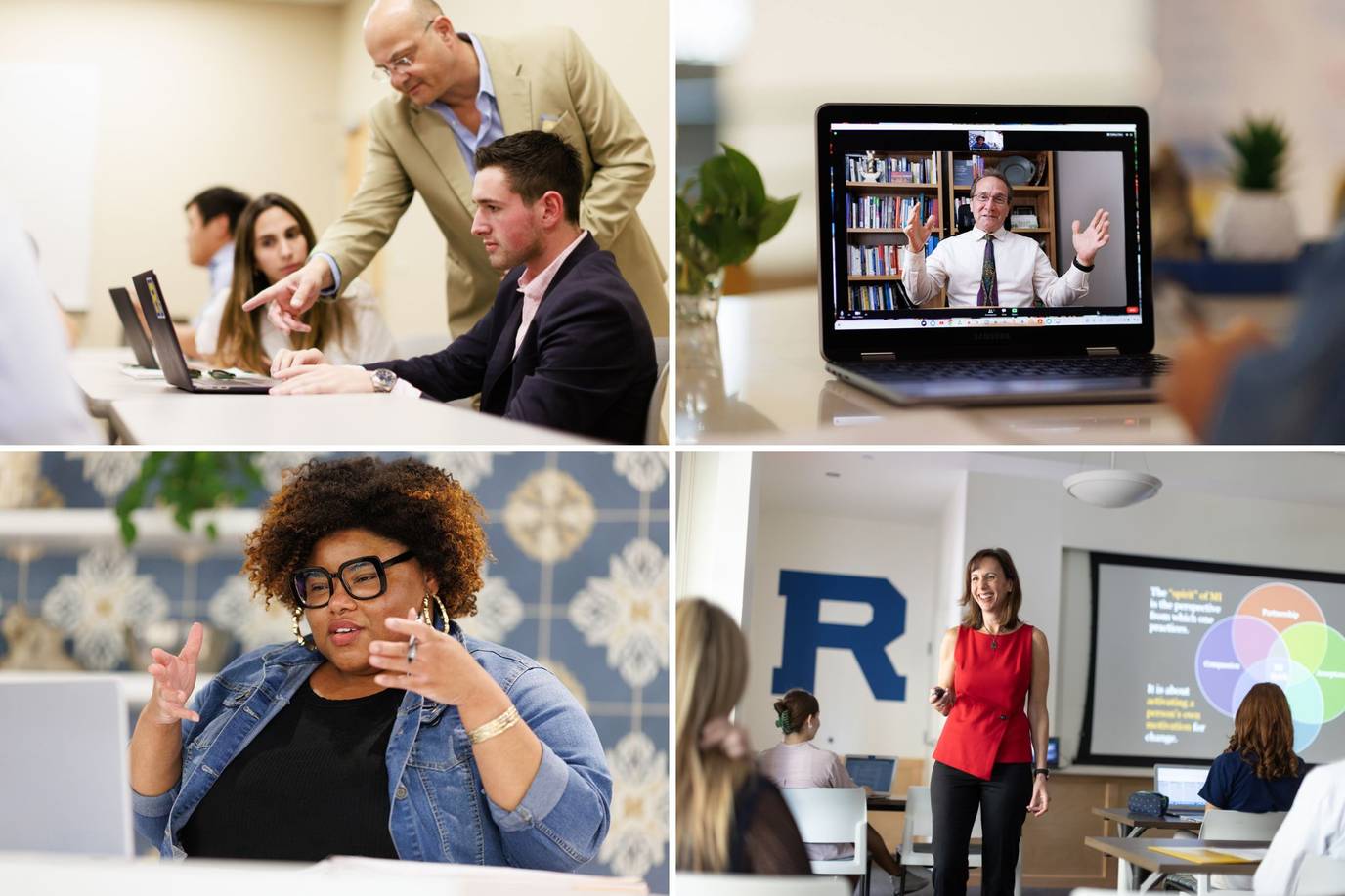 A grid of images depicting both in-person and online classroom environments.