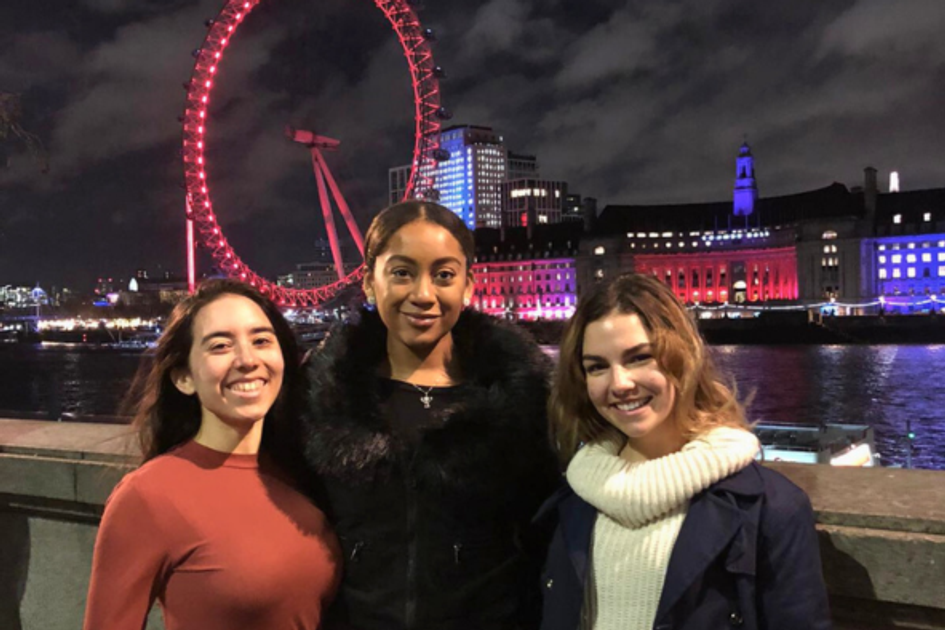 Students in front of the London Eye at night