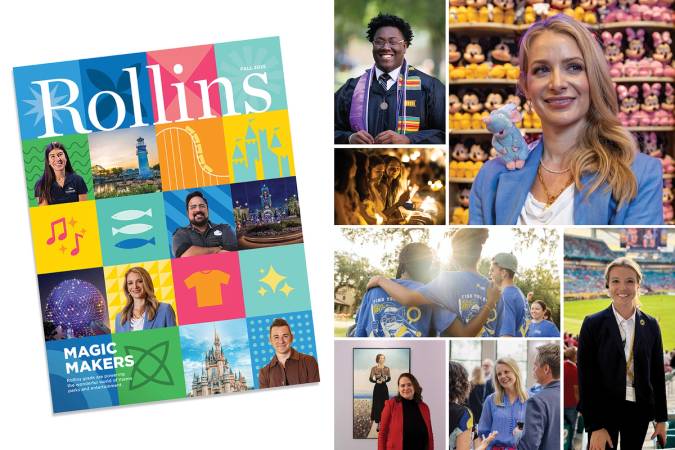 A grid of images from the fall 2025 issue of Rollins magazine