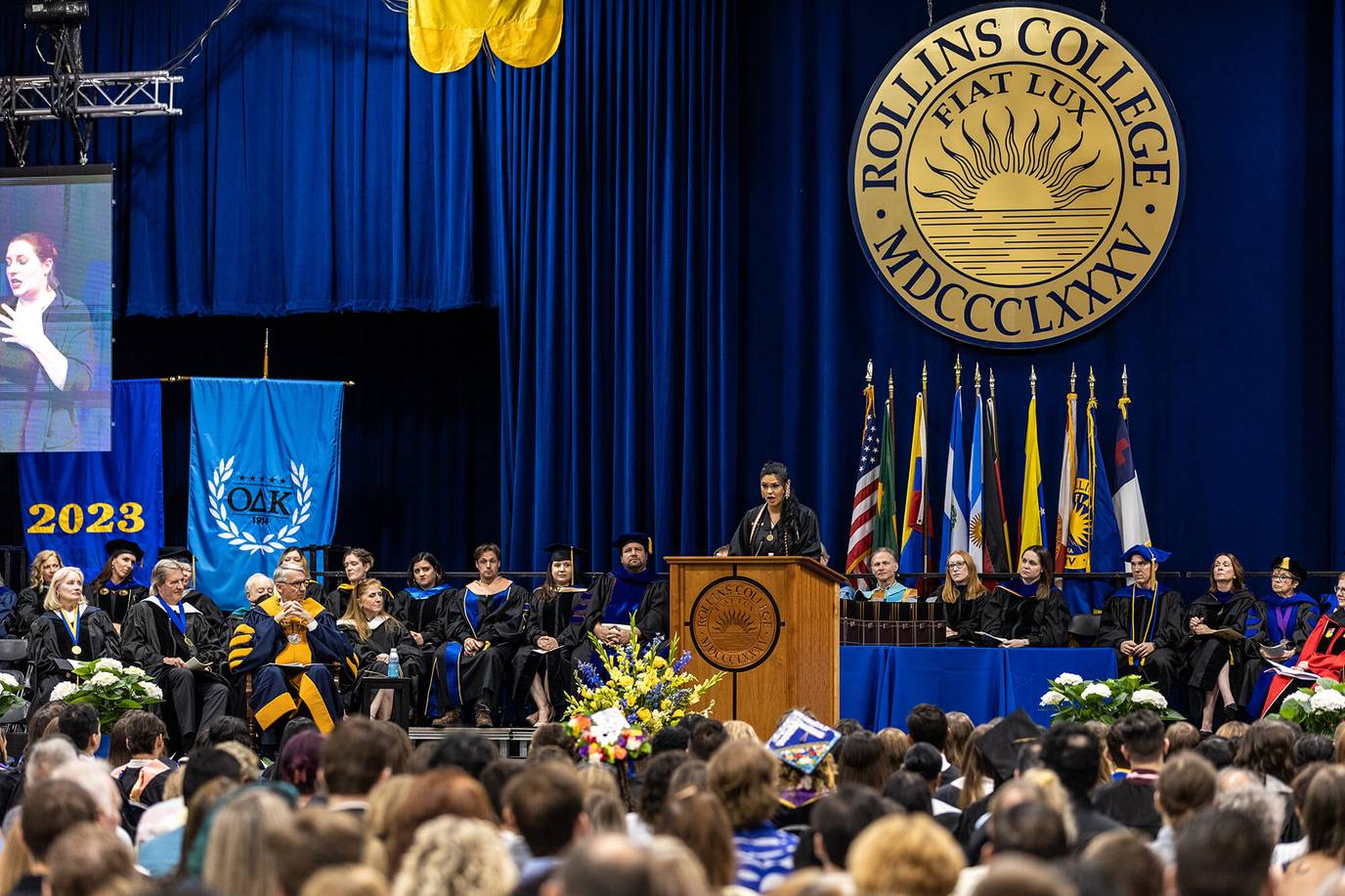Daniebeth Martinez Negron delivers the Holt Outstanding Senior address during the 2023 Hamilton Holt School commencement.