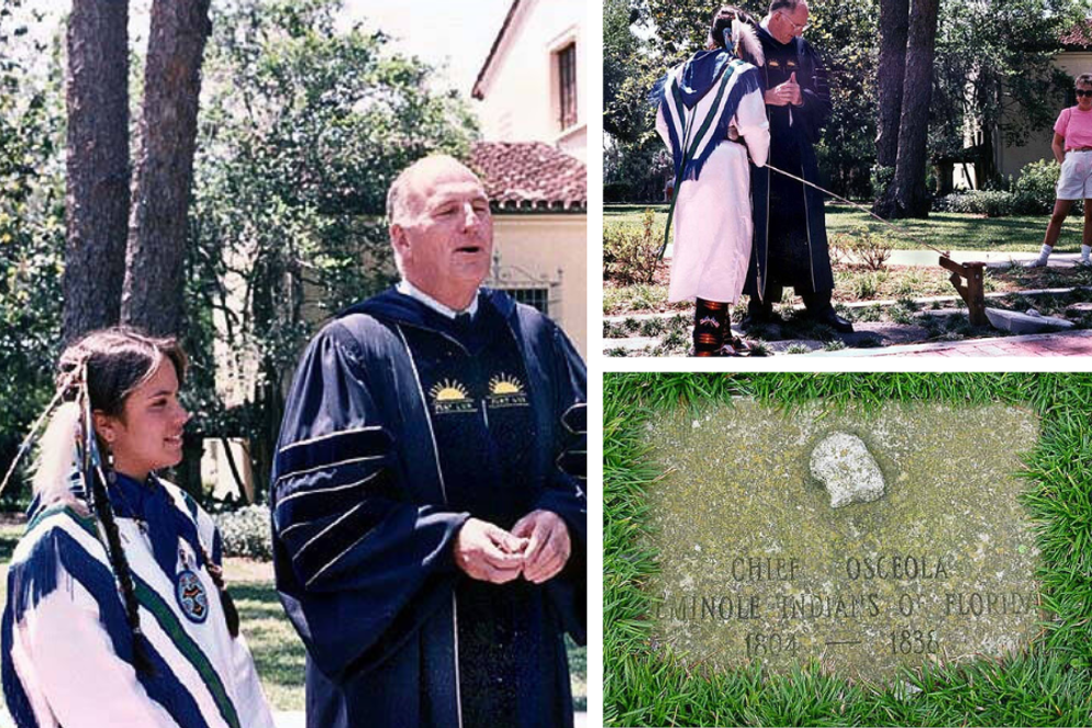 Former Rollins president Thaddeus Seymour ’82HAL ’90H and Tina Osceola ’89 install the Walk of Fame stone for Tina’s ancestor Chief Osceola.