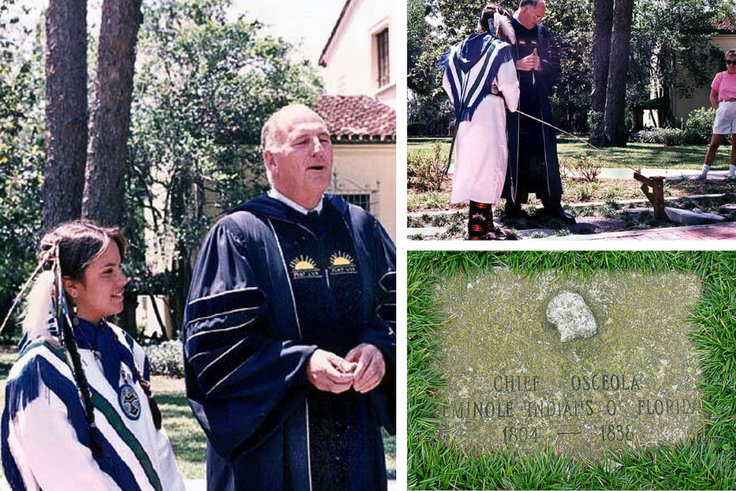 Former Rollins president Thaddeus Seymour ’82HAL ’90H and Tina Osceola ’89 install the Walk of Fame stone for Tina’s ancestor Chief Osceola.