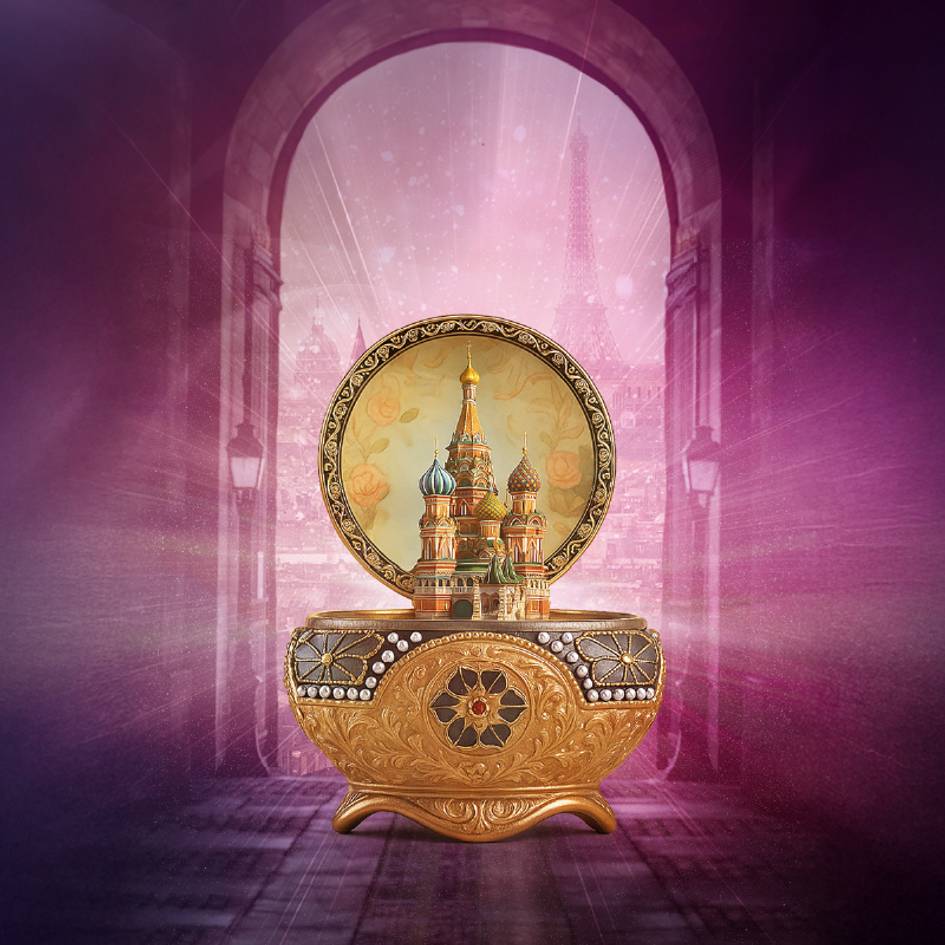 A colorful antique music box contains a Russian castle. Behind it in a faint purple, a window overlooks the Paris skyline