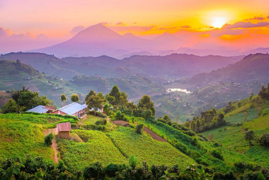 A view of villages and hills in Uganda.