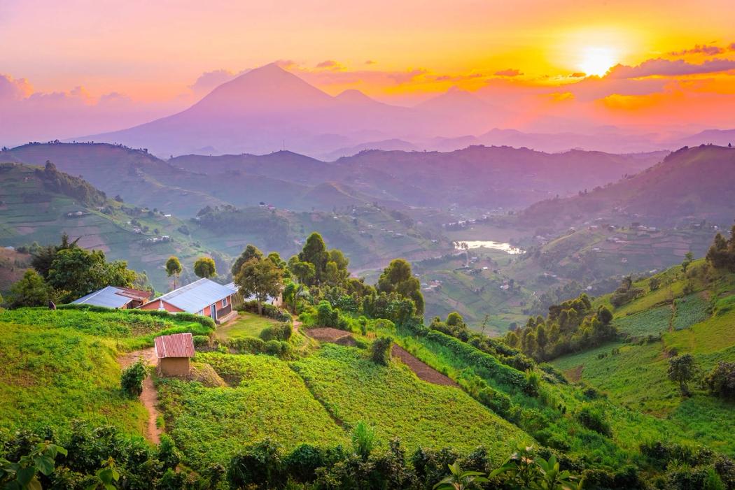 A view of villages and hills in Uganda.