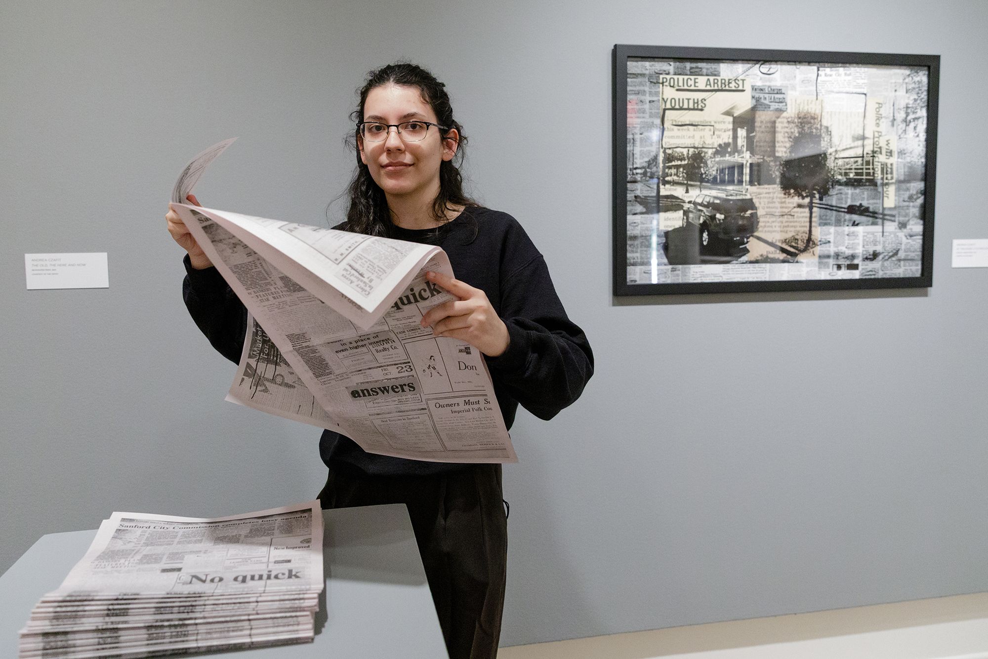 Andrea Czafit ’21 pictured with her original artwork for her senior exhibition.