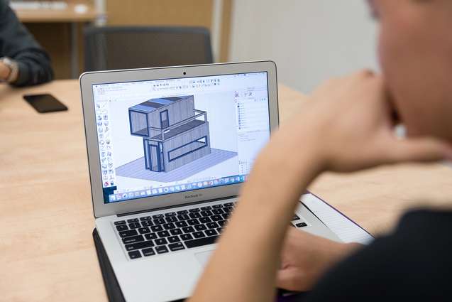 A computer rendering of a tiny home design.