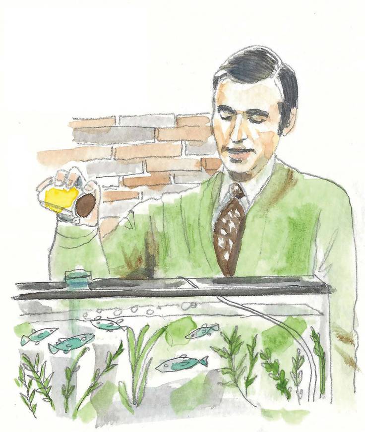 An illustration of Mister Rogers feeding fish.