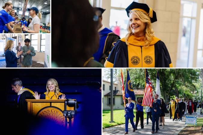 Collage featuring a woman in academic regalia at a Rollins College commencement, interacting with students, and volunteering.
