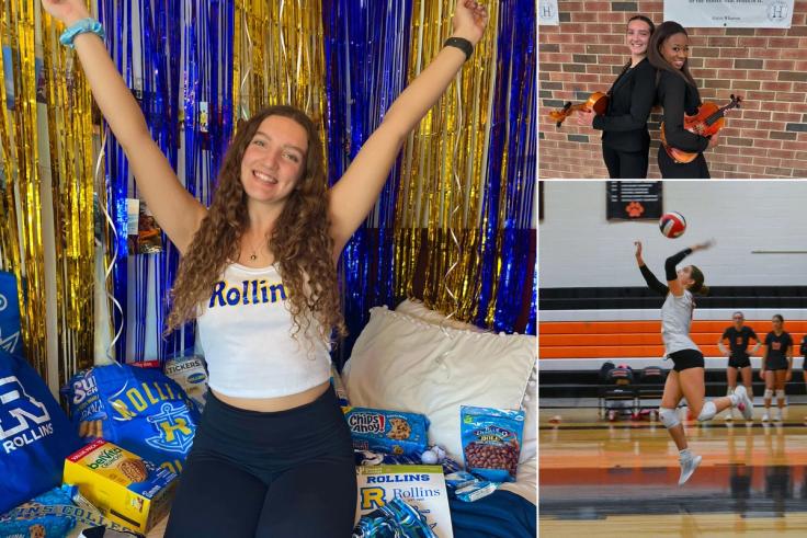 A grid of images of Katie Channing showing off her Rollins gear, posing with a friend with a violin, and playing volleyball.