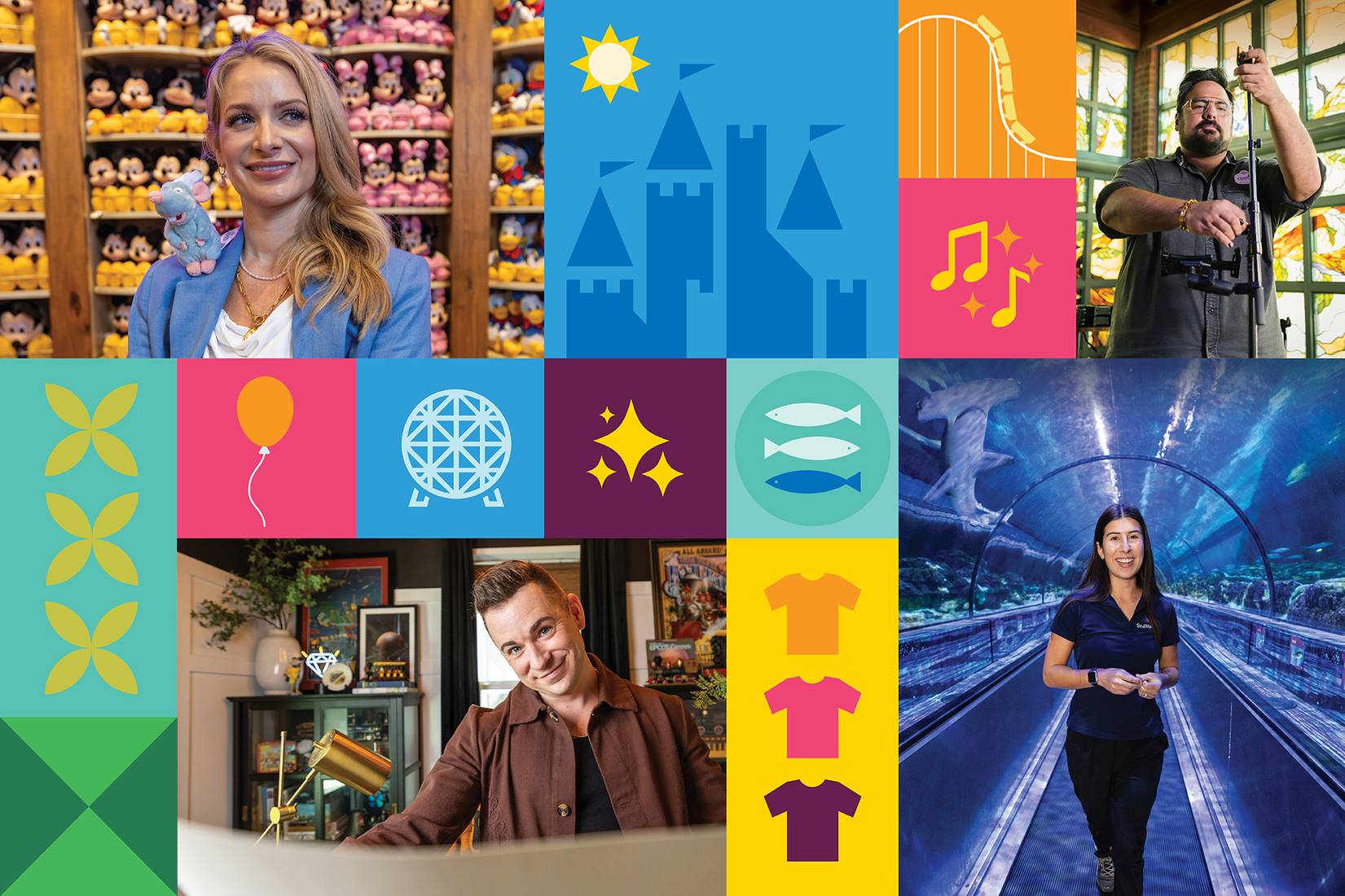 A grid depicting Rollins grads working in theme park and entertainment alongside whimsical, colorful icons