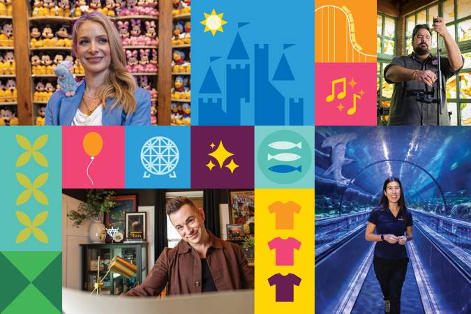 A grid depicting Rollins grads working in theme park and entertainment alongside whimsical, colorful icons