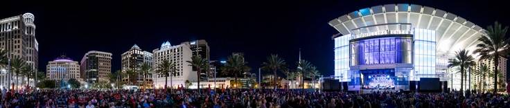 An outdoor holiday concert on the lawn at the Dr. Phillips Center for the Performing Arts in downtown Orlando.