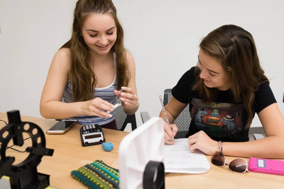 Two physics students working on a problem together.