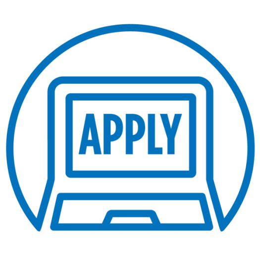 Icon with a computer and word Apply, depicting that you can apply online.